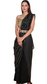 SAMPLE SALE: Black & Gold Pre-Draped Palazzo Pant Sari Set