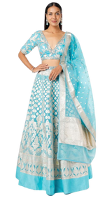 Bright Blue Based Organza Banarasi Lehenga