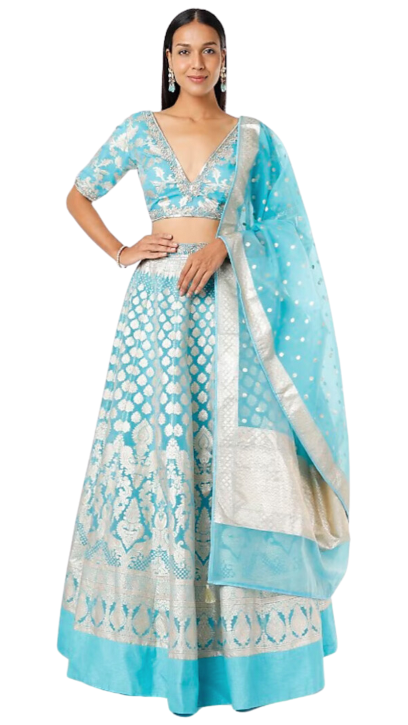 Bright Blue Based Organza Banarasi Lehenga