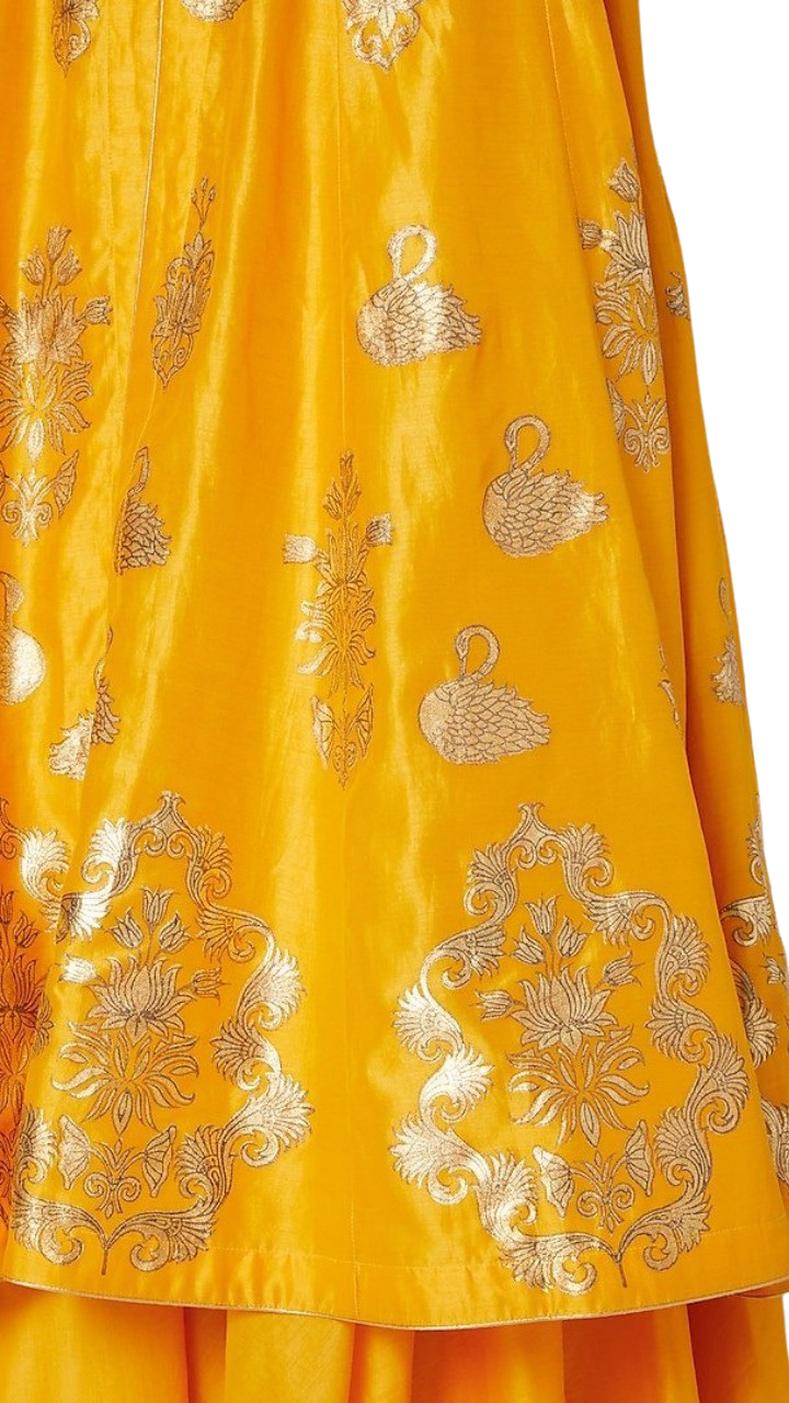 Gold and Yellow Swan Foil Print Kurta with Skirt - Preserve