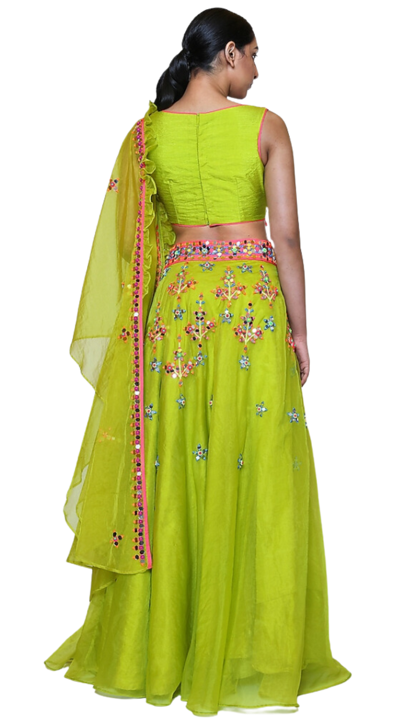 Green Organza Multi-Colored Mirrored Lehenga