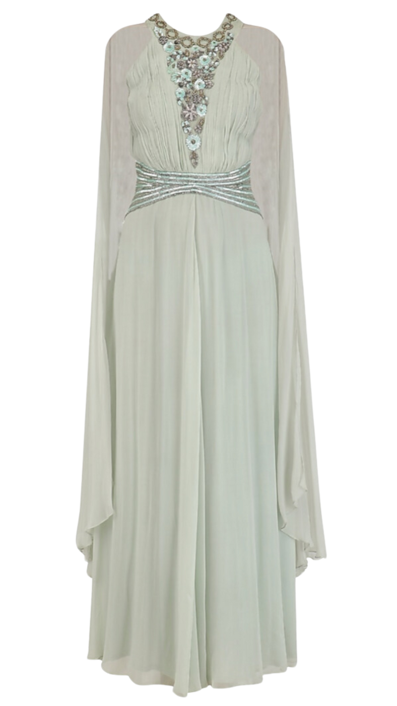 SAMPLE SALE: Light Sage Green Winged Sleeves Belted Gown