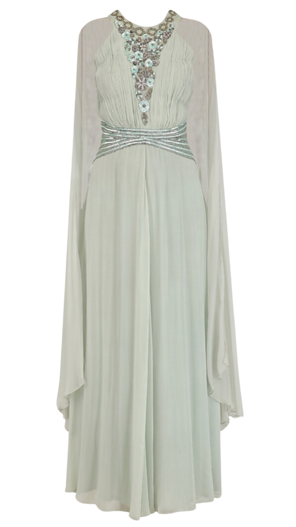 Light Sage Green Winged Sleeves Belted Gown