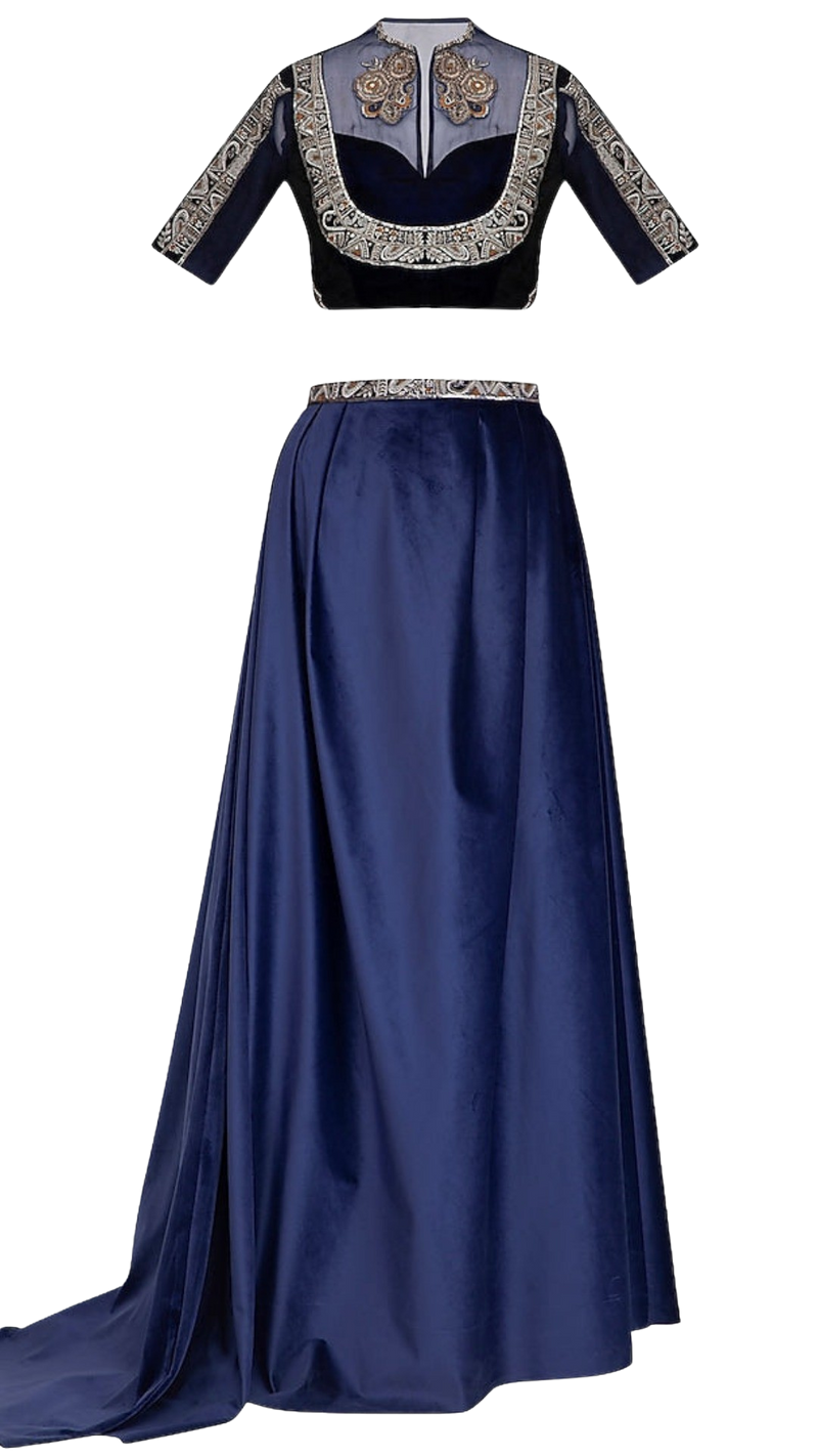 Navy Embroidered Blouse with Velvet Lehenga & Belt - Preserve