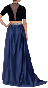 Navy Embroidered Blouse with Velvet Lehenga & Belt - Preserve