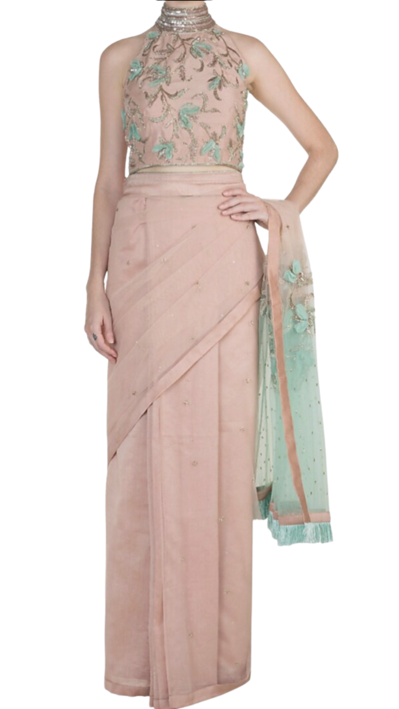 SAMPLE SALE: Nude & Mint Embroidered Sari Set