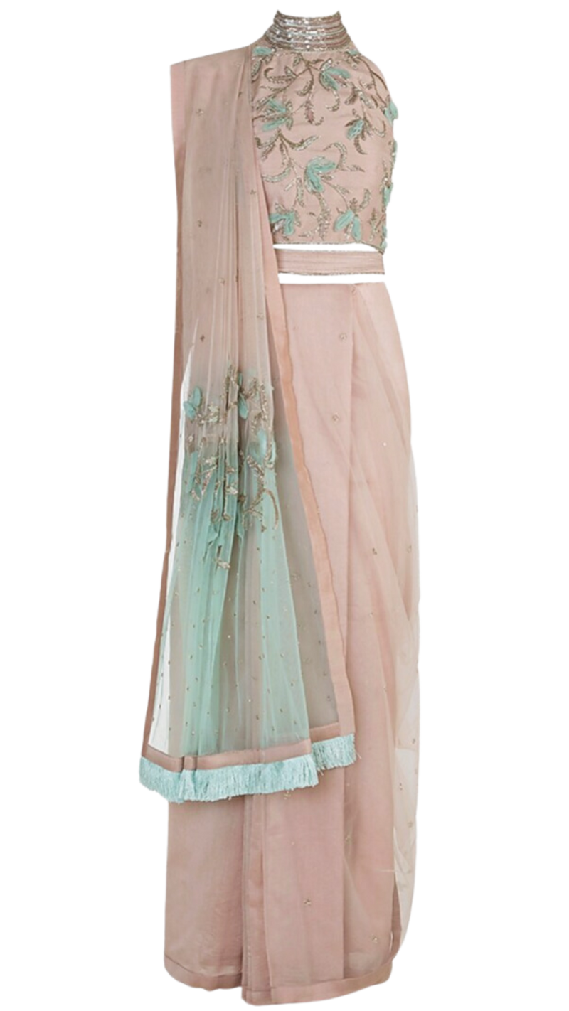 SAMPLE SALE: Nude & Mint Embroidered Sari Set