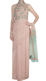 Nude & Mint Embroidered Sari Set