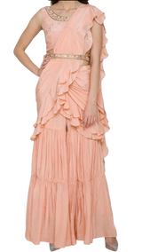 SAMPLE SALE: Peach Ruffle Pre-Draped Sharara Sari