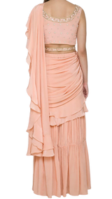 Peach Ruffle Pre-Draped Sharara Sari