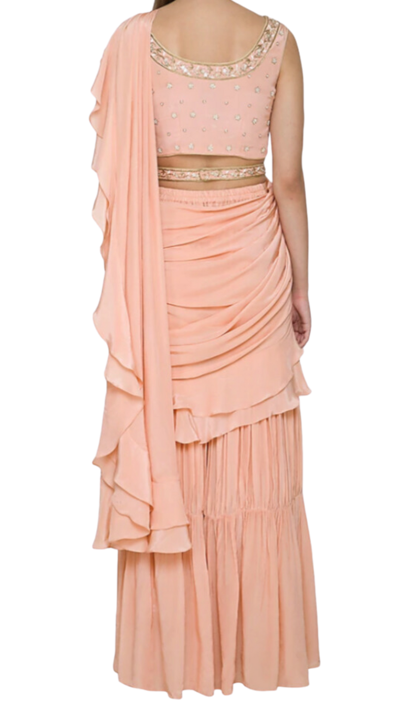 SAMPLE SALE: Peach Ruffle Pre-Draped Sharara Sari