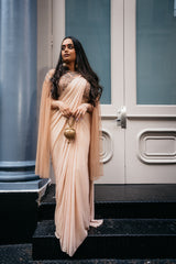 Peach and Grey Embellished Pre-Draped Cape Sari - Preserve