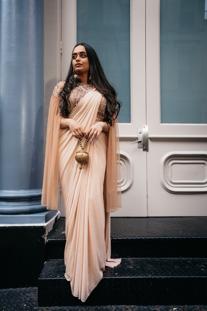 Peach and Grey Embellished Pre-Draped Cape Sari - Preserve