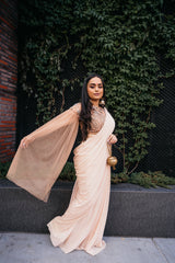 Peach and Grey Embellished Pre-Draped Cape Sari - Preserve