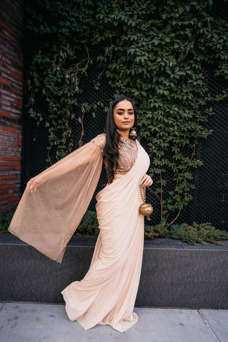 Peach and Grey Embellished Pre-Draped Cape Sari - Preserve