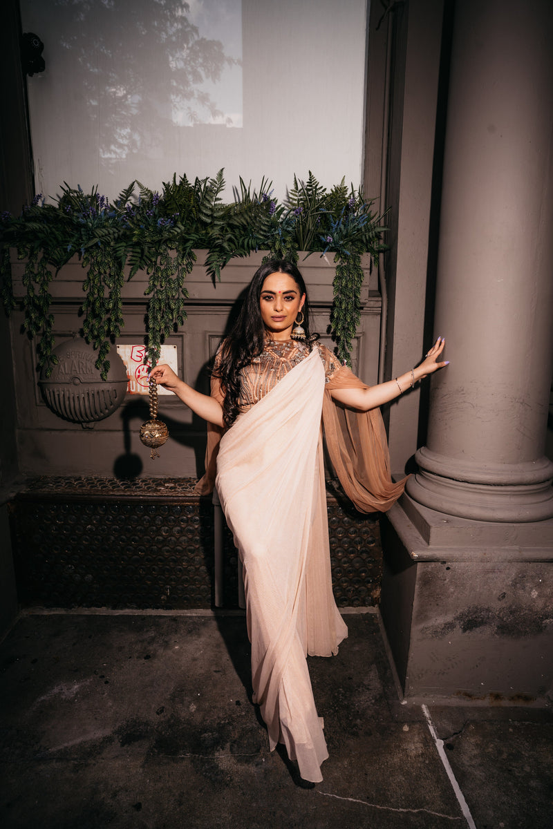 Peach and Grey Embellished Pre-Draped Cape Sari - Preserve