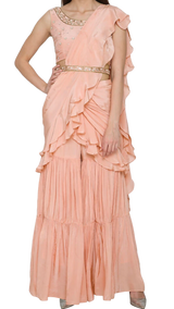 Peach Ruffle Pre-Draped Sharara Sari