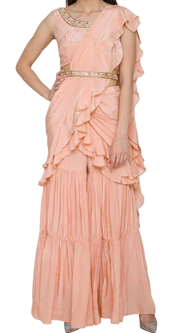 Peach Ruffle Pre-Draped Sharara Sari