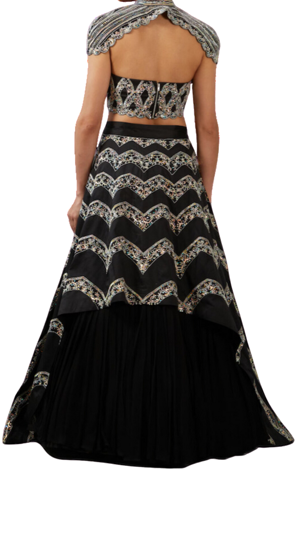 Opaque & Black Embellished Cape Lehenga