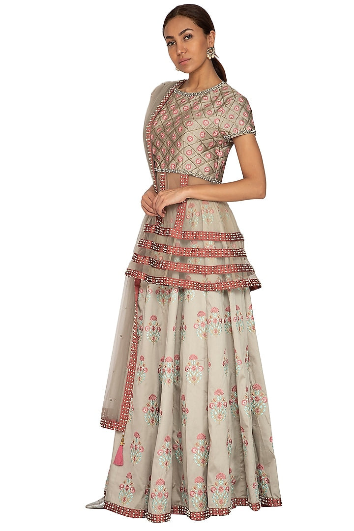 Grey Embroidered Peplum Top Lehenga Set - Preserve