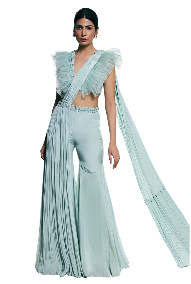 Mint Green Pleated Pant Sari with Ruffle Blouse - Preserve