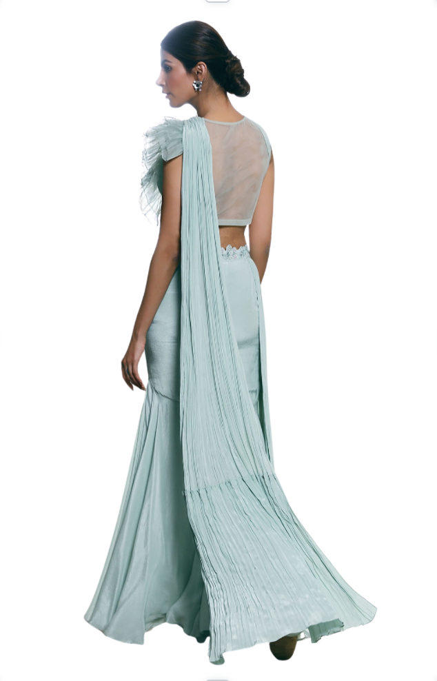 Mint Green Pleated Pant Sari with Ruffle Blouse - Preserve