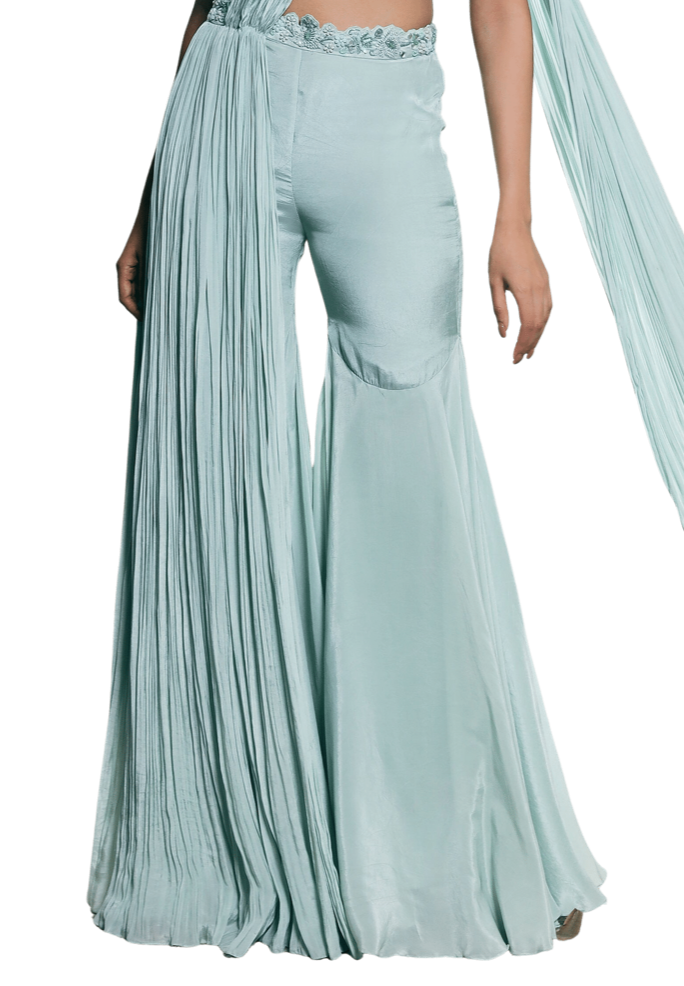 Mint Green Pleated Pant Sari with Ruffle Blouse - Preserve