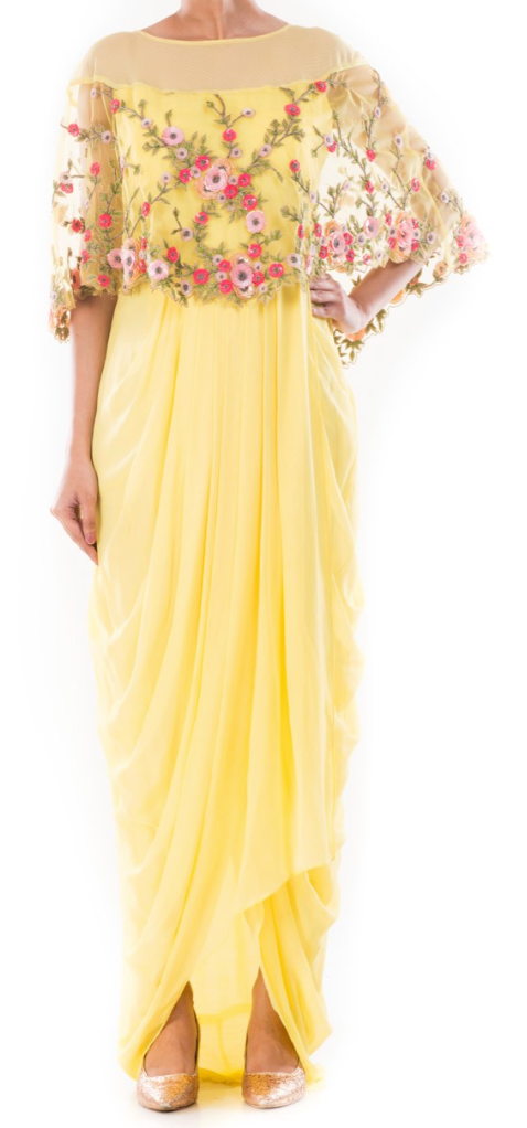 SAMPLE SALE: Yellow Georgette Net Gown with Attached Cape