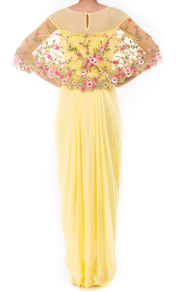 SAMPLE SALE: Yellow Georgette Net Gown with Attached Cape