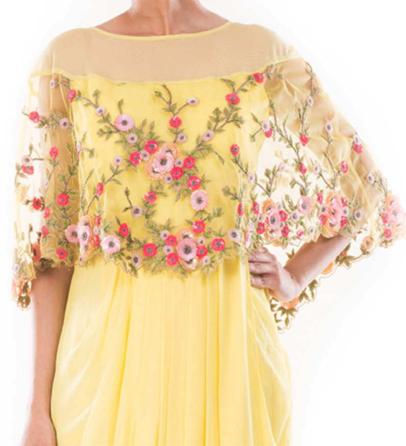 SAMPLE SALE: Yellow Georgette Net Gown with Attached Cape