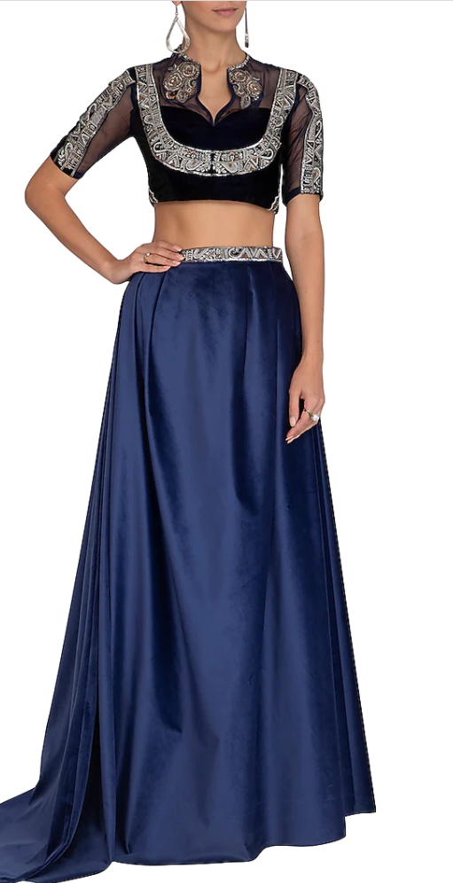 Navy Embroidered Blouse with Velvet Lehenga & Belt - Preserve