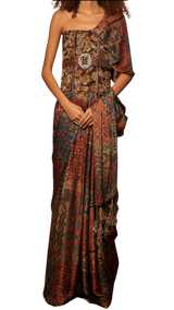 Tapestry Printed Pre-Draped Tasseled Sari with Baroque Corset