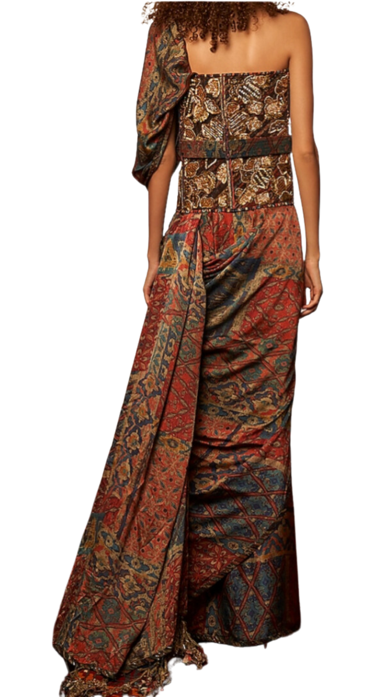 Tapestry Printed Pre-Draped Tasseled Sari with Baroque Corset