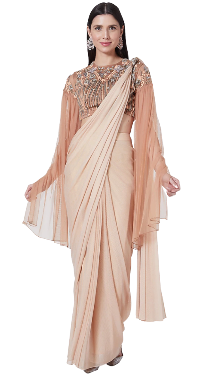 Peach and Grey Embellished Pre-Draped Cape Sari - Preserve