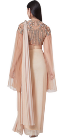 Peach and Grey Embellished Pre-Draped Cape Sari - Preserve