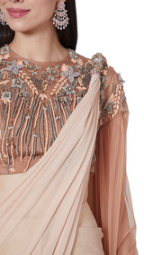 Peach and Grey Embellished Pre-Draped Cape Sari - Preserve