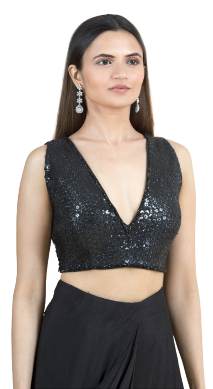 SAMPLE SALE: Sequined Pre-Draped Black Sari