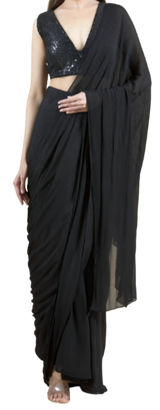 SAMPLE SALE: Sequined Pre-Draped Black Sari