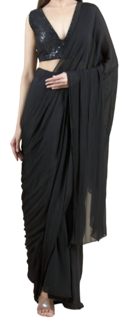 SAMPLE SALE: Sequined Pre-Draped Black Sari