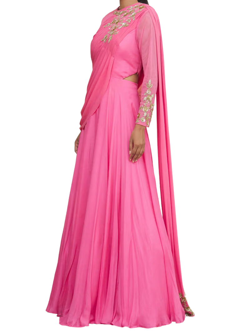 SAMPLE SALE: Pink Draped Gown with Gold Embroidery