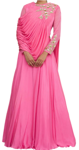 SAMPLE SALE: Pink Draped Gown with Gold Embroidery