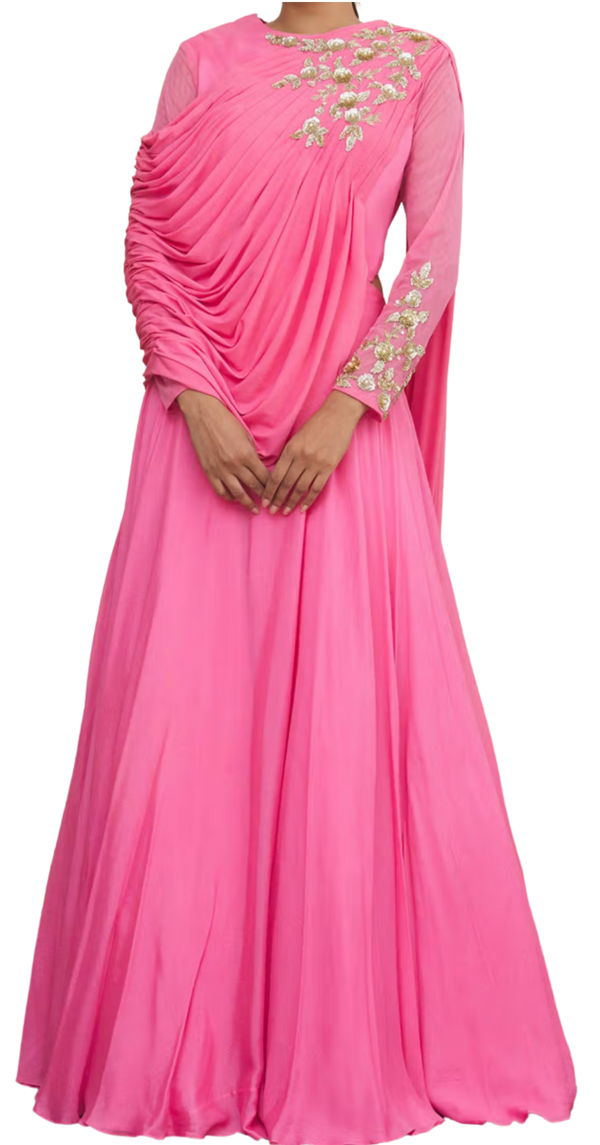 SAMPLE SALE: Pink Draped Gown with Gold Embroidery