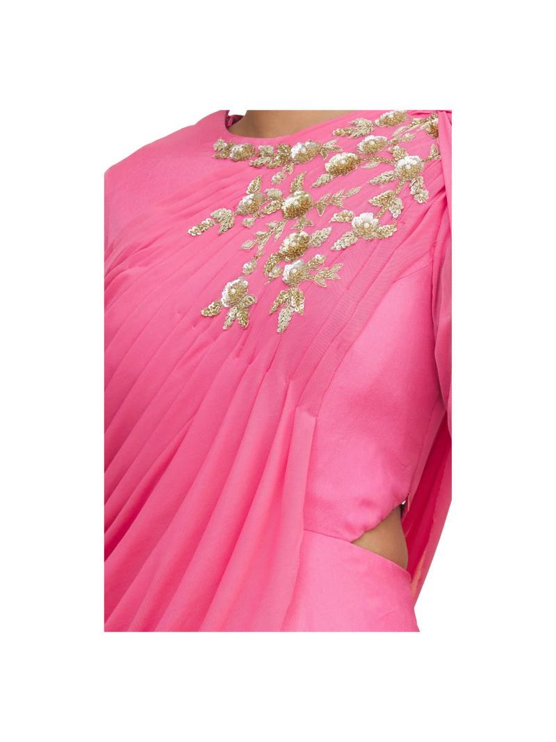 SAMPLE SALE: Pink Draped Gown with Gold Embroidery