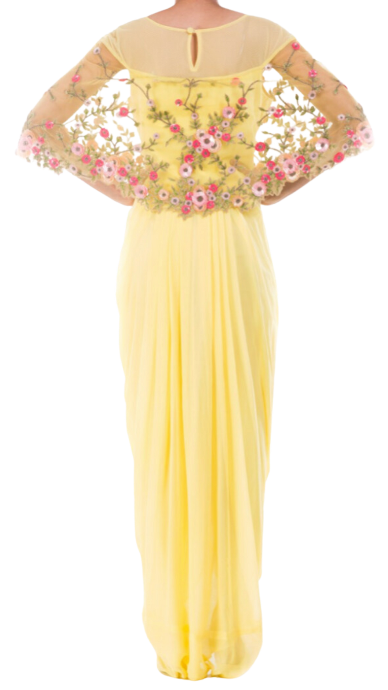 Yellow Georgette Net Gown with Attached Cape