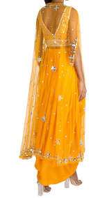 Yellow Mirrored Blouse with Dhoti Skirt & Duster Jacket