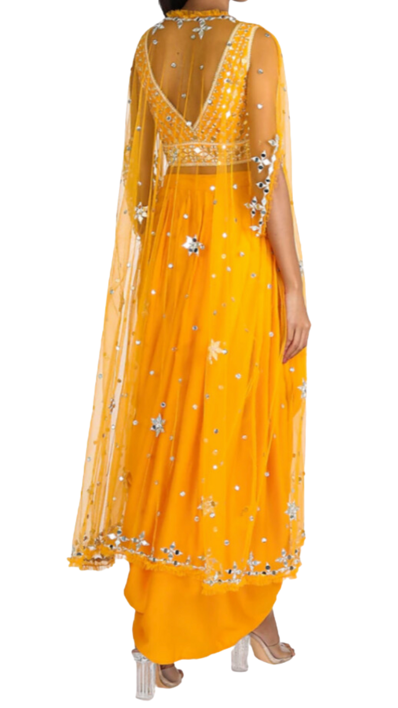 Yellow Mirrored Blouse with Dhoti Skirt & Duster Jacket