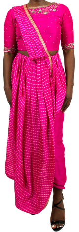 SAMPLE SALE: Fuchsia Leheriya Pre-Draped Sari Pant Set