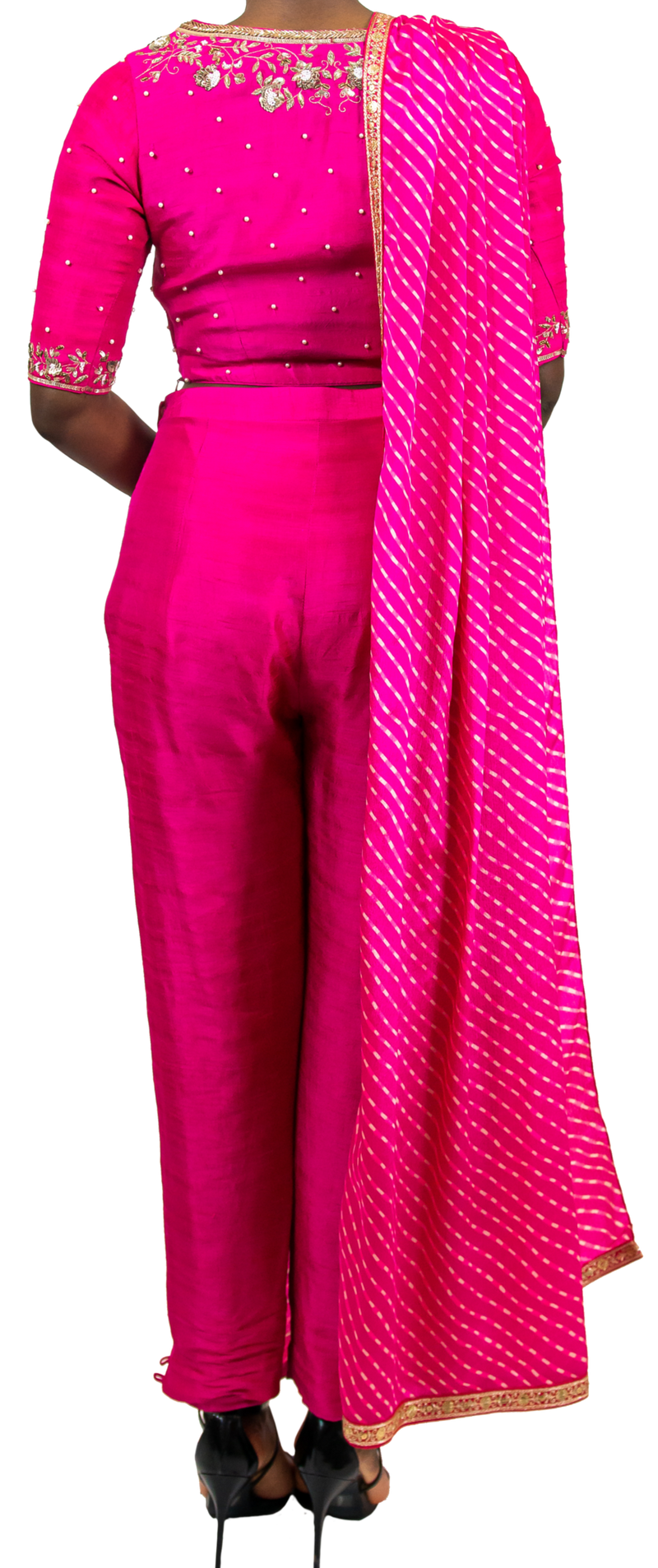 SAMPLE SALE: Fuchsia Leheriya Pre-Draped Sari Pant Set