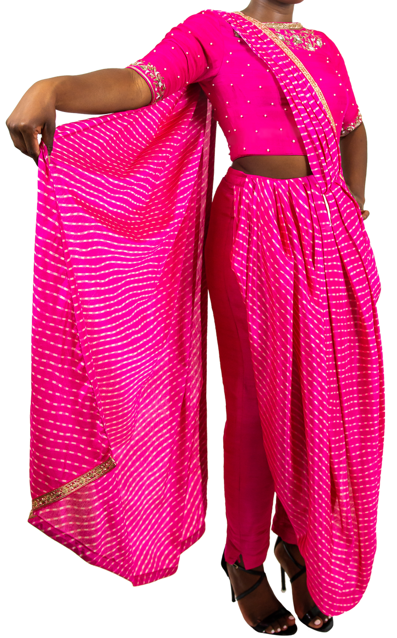 SAMPLE SALE: Fuchsia Leheriya Pre-Draped Sari Pant Set