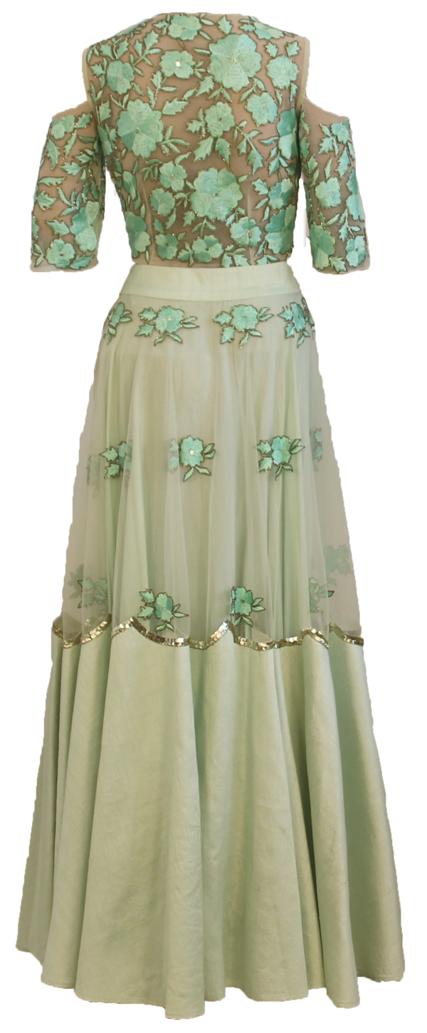 Mint Floral Embroidered Lehenga - Preserve